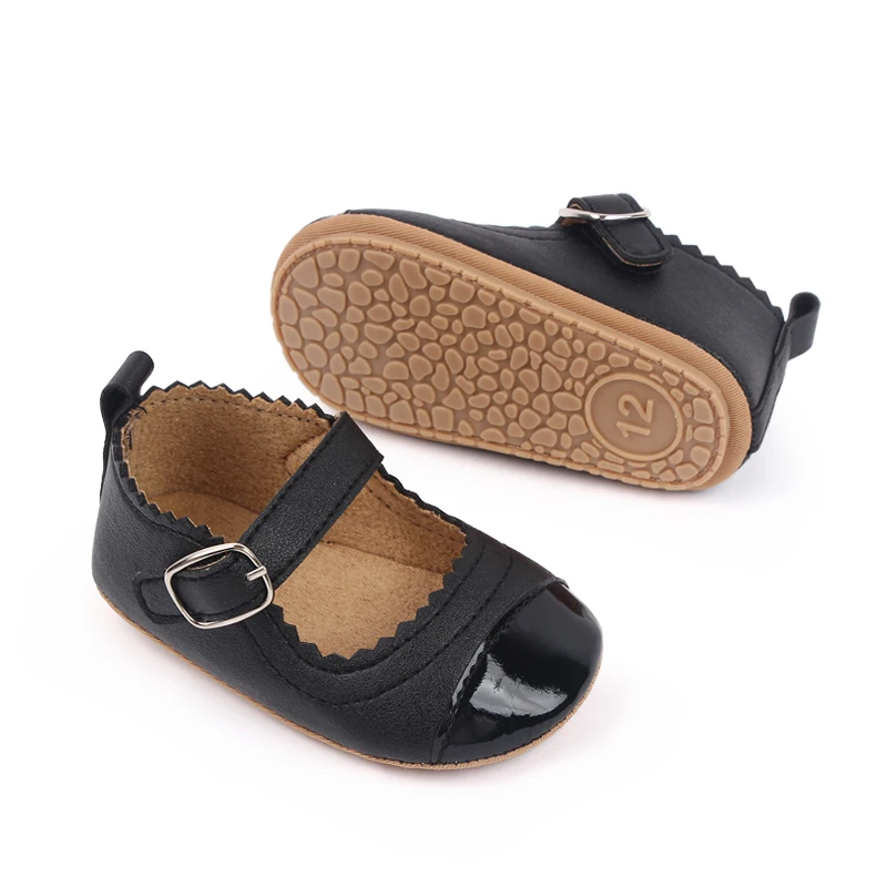 product shiny glitter pu leather matching color solid color wavy lace princess toddler shoes for baby girls-3