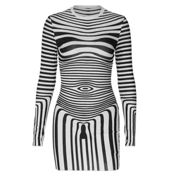 Striped Long Sleeve O-Neck Mini Dress Sexy Y2K Streetwear Body-Shaping Bodycon Birthday Party Dress