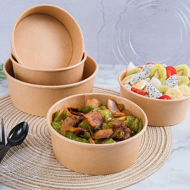 Hot and cold Takeout Kraft Paper Bowl soup cup Take-Away Kraft Container kraft paper bowl for camping and coal cooking