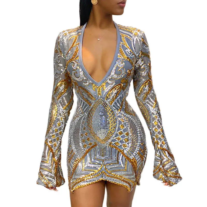 Mimi 2022 Sexy Sheer Bodycon Dress Deep V Neck Package Hip Long Flare Sleeve Sequin Print Celebrity Dresses - Buy Winter Cocktail Party Dresses,White Feather Cocktail Dress,Royal Blue Christmas Cocktail Dress Product