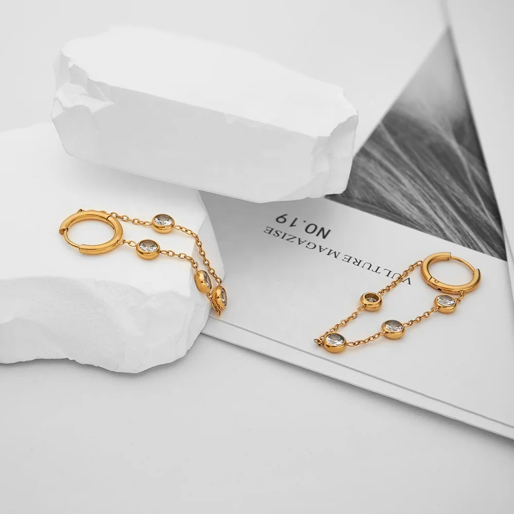 Latest 18K Gold Plated Stainless Steel Jewelry Round Hoop Zircon Chain Earrings Trendy For Women Accessories Earrings E231501