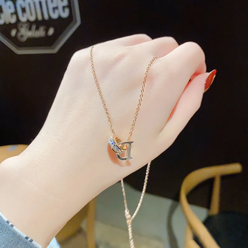 Korean Fashion Zircon Letter Pendant Necklace Women Stainless Steel Real Gold Plated Number Necklace