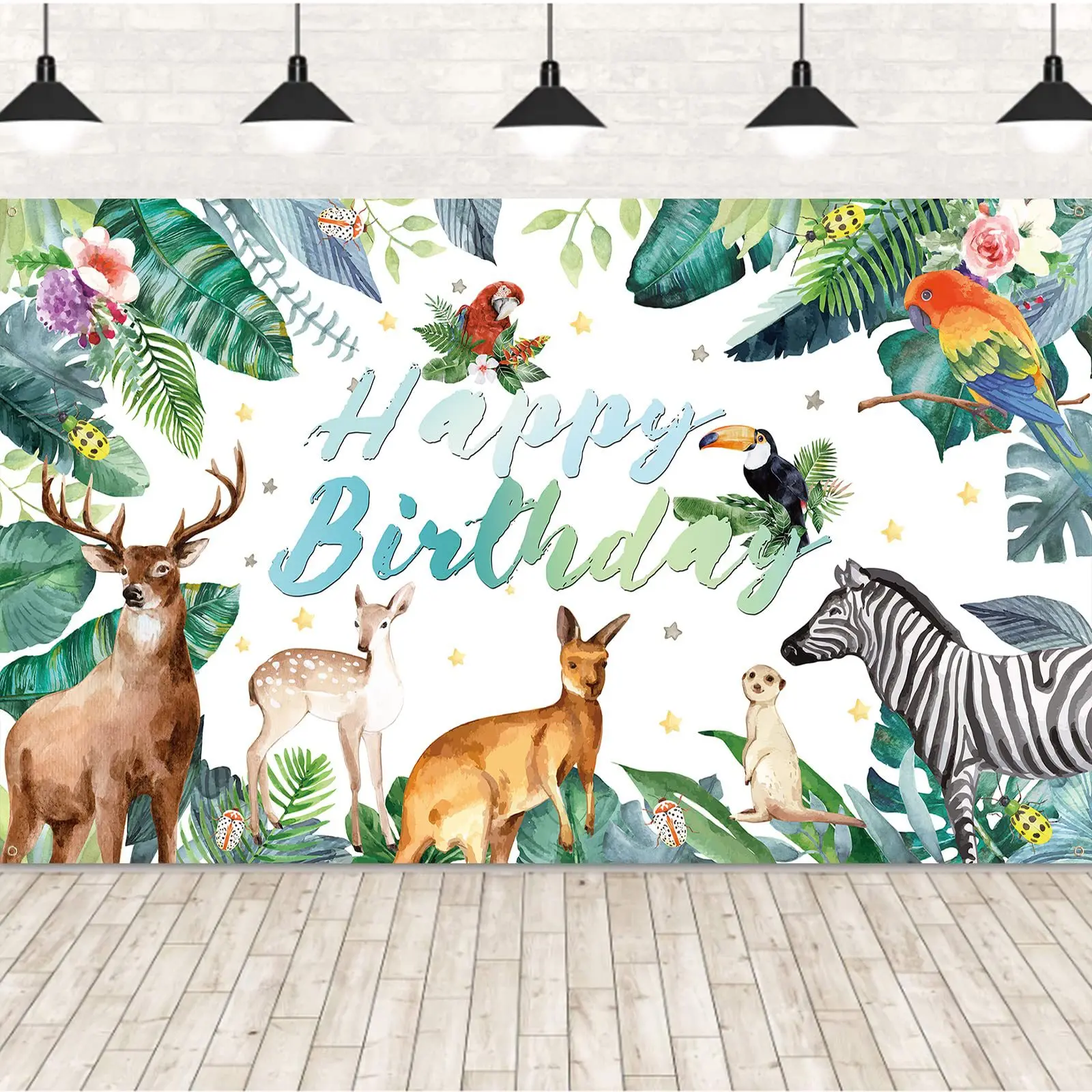 Happy Birthday Banner for Jungle Safari Theme Birthday Party Decorations Fabric Animal Zoo Theme Birthday Party Backdrop