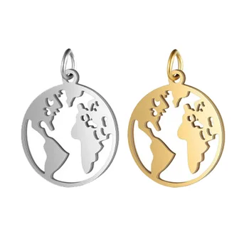 Fashion Jewelry Accessories Gold Stainless Steel Personalised World Map Global Charms Round Shape Hollow Custom Jewelry Pendant