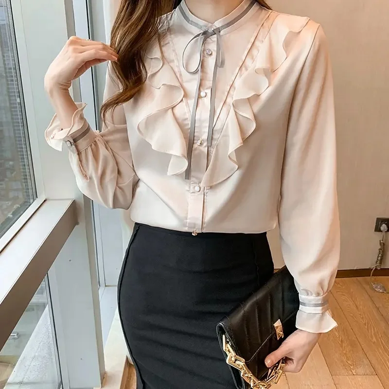 Elegant Printed Shirt Women's Spring Autumn Tops Office Korean Fashion Slim White Chiffon Blouse Long-Sleeve Shirts Blusas