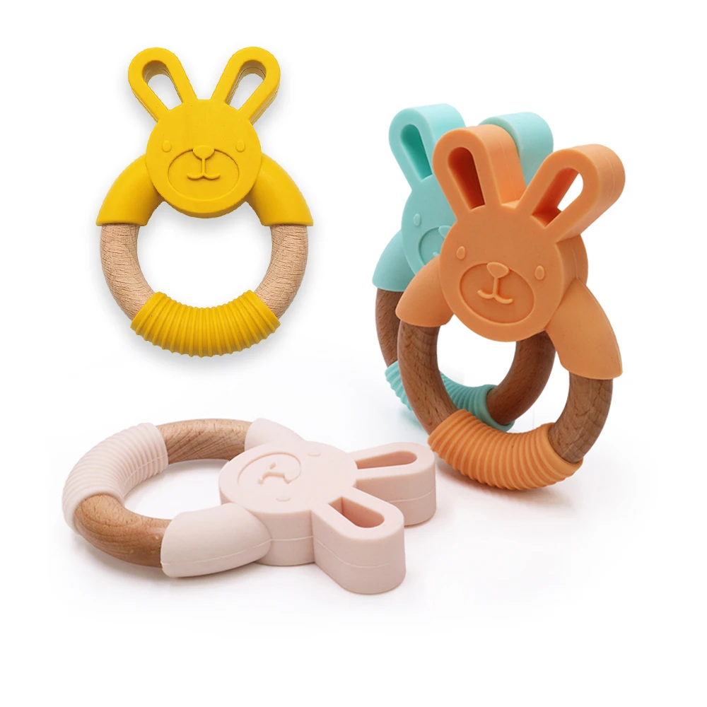 Wood Baby Teether Diy Cute Rabbit Eco-Friendly Shower Teething Toy Gift Q 