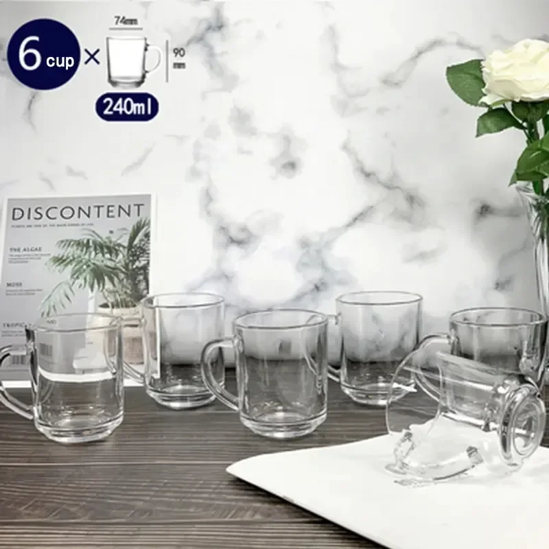 hot sale transparent custom logo insulated milk single wall glass cup mugs  Set of 6 Clear coffe water glass mug with handle