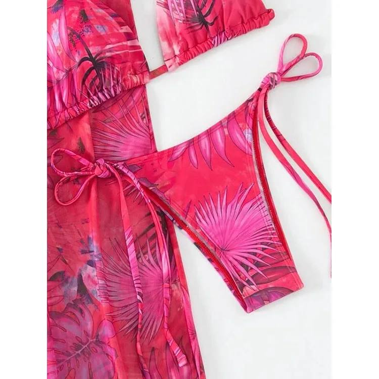 Hot Sell New Floral Bikini Piece Swimsuit Set With Cover Up Skirt