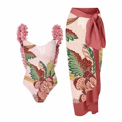 New Arrival Women's Sexy Flower Sling Floral One-Piece Swimsuit Bikini Chiffon Lace Up Skirt Swimsuit Set
