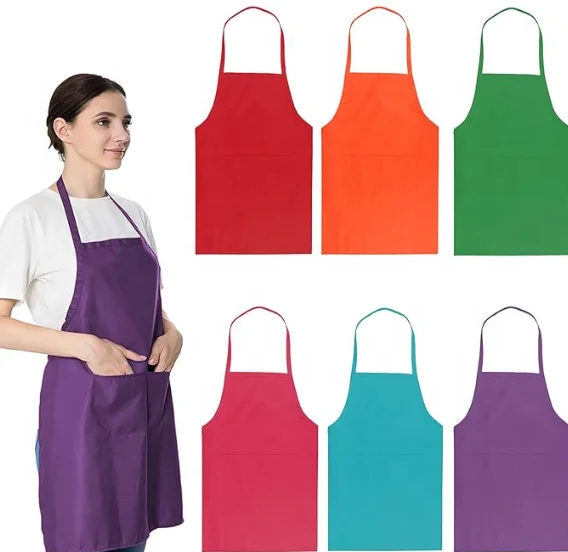 Factory Manufacturer customized plain kitchen aprons bib wholesale blank chef apron printed logo in cotton 2-pocket