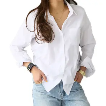 Long Sleeve Casual Turn-down Collar Shirt New Style Loose One Pocket Women White Shirt Female Blouse Tops For Sale