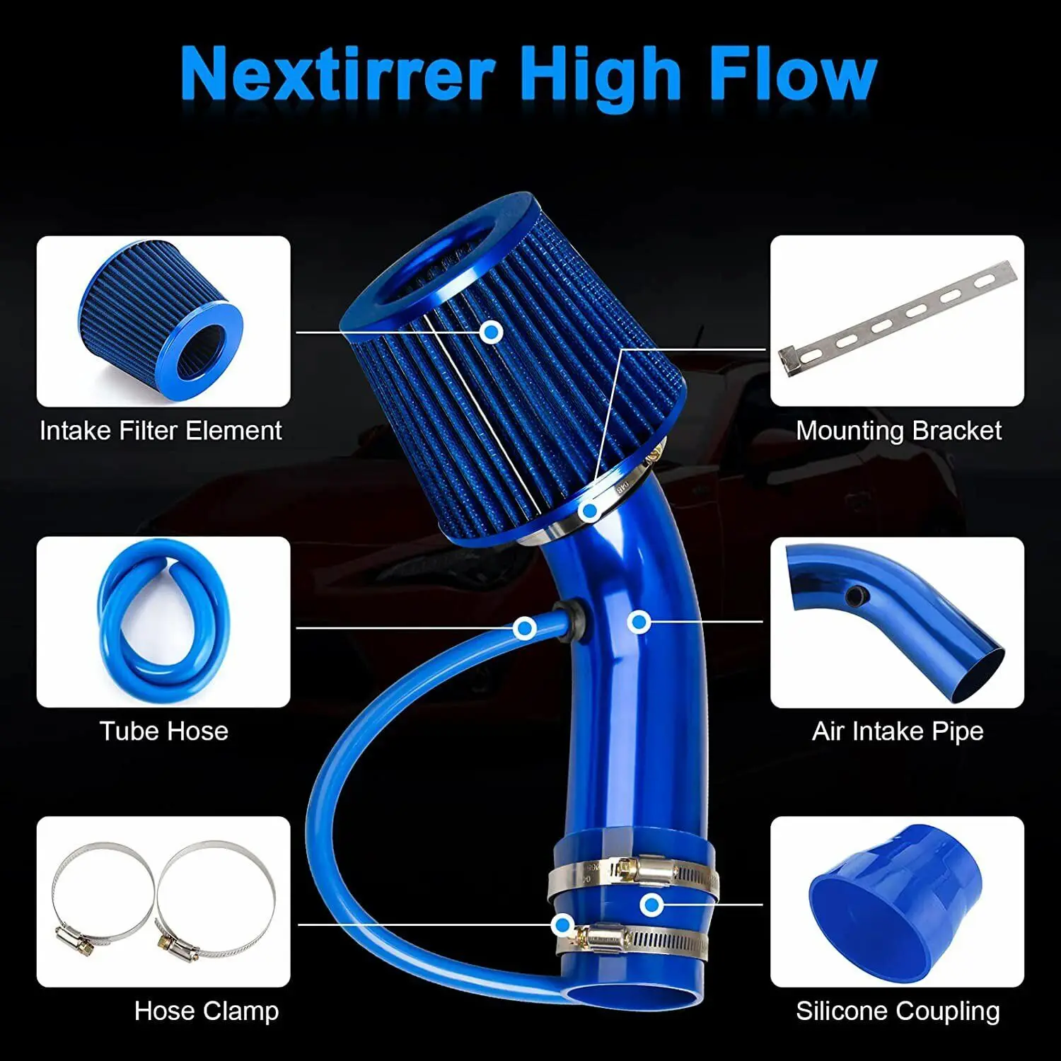 Raracing3'' Universal Car Cold Air Intake Filter Induction Kit Aluminum