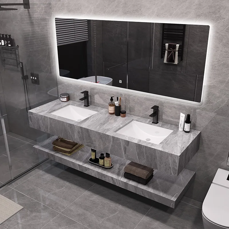 Tarpul Marble Double Washbasin Sink With Mirror Artificial Stone Cabinet Basin Wall Hung Bathroom Vanity Slab Basin supplier