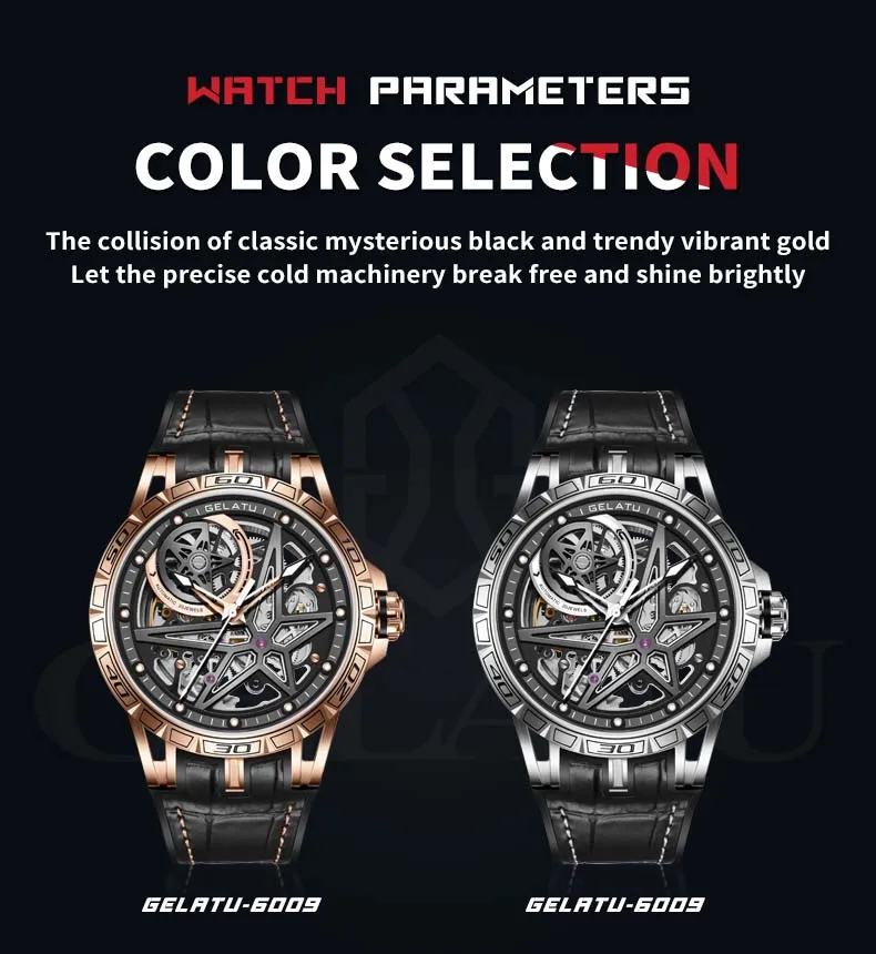 GELATU 6009 Popular Custom Face Mens Mechanical Watch Buy Leather Strap Luminous Scrolling Moq 1 Casual Watch Company