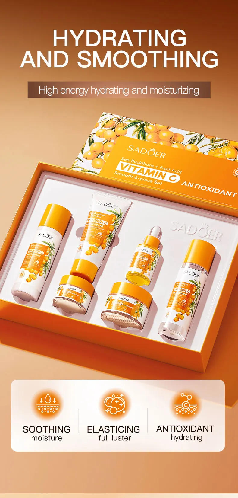 product private label sadoer organic sea buckthorn vitamin c antioxidant soothing six piece skincare gift set moisturizing whitening-3