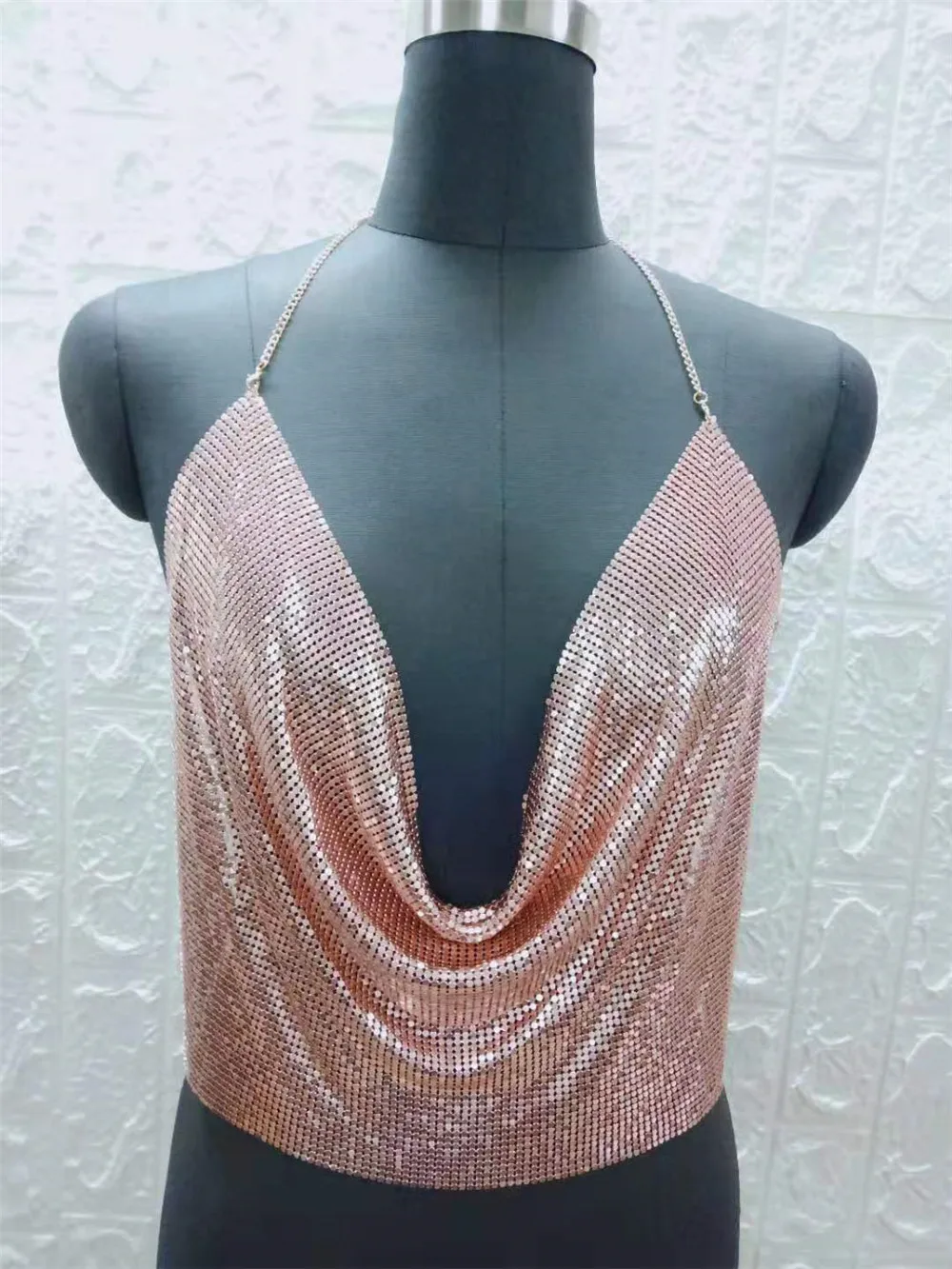 Summer Metal Sequin Low Cut Crop Top Women Sexy Shiny Metal Texture