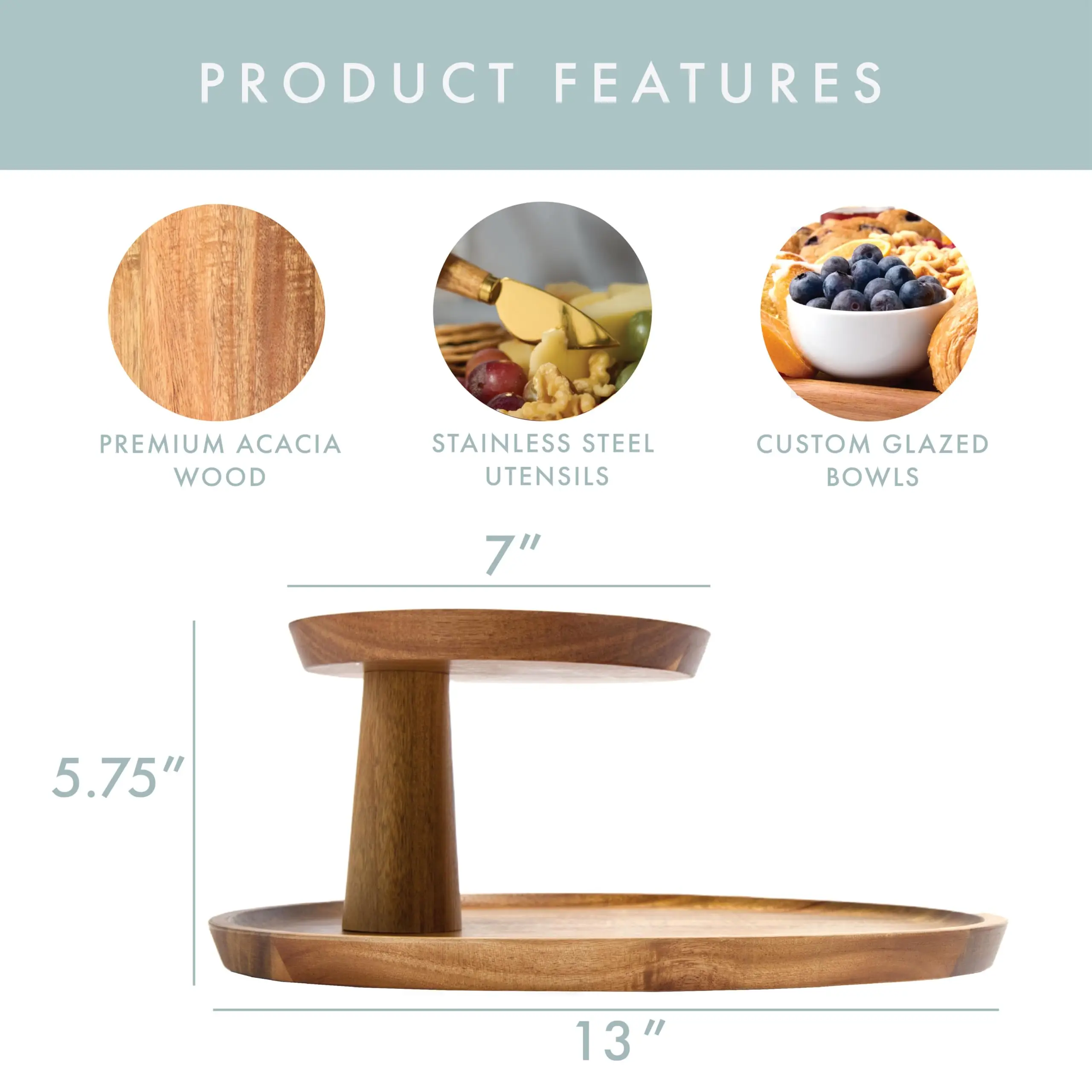 product acacia wood cheese board 2 tier charcuterie board set round cheese serving tray with knives bowls honey dipper for party-4