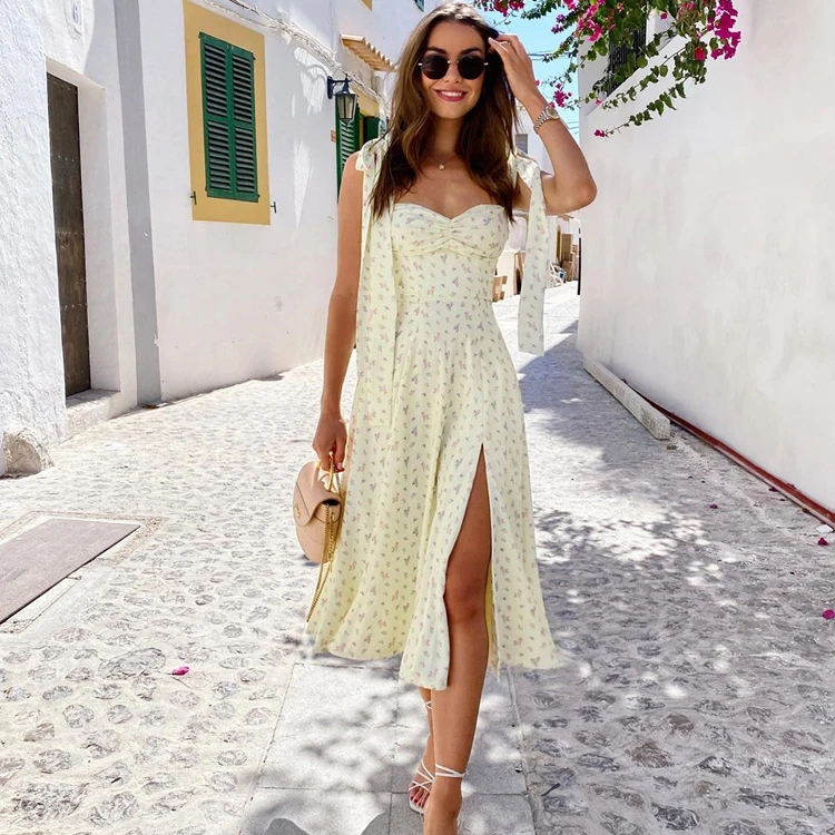 Yellow Print Dress Women Summer 