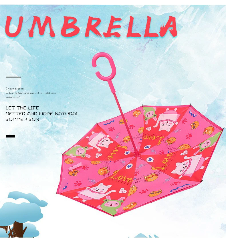 HJH492 Children Long Double Layer Kids Reverse Umbrella Cartoon Animal Umbrella for Boys and Girls Handle Free Rain Umbrellas