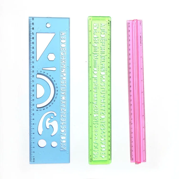 Hot Sale 12inch Straight Ruler Plastic Clear Assorted Color Alphabet Stencil Trace Ruler Set