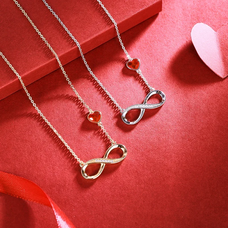 CDE YN0866 Romantic Jewelry Infinity Necklace Wirh Red Crystal 925 Sterling Silver Heart-Shaped Eternal Necklace For Women