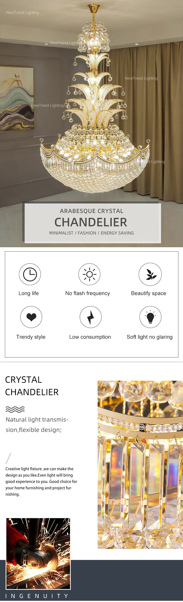 CPL-204 Custom Large Indoor Decoration Hotel Church Staircase Luxury LED Crystal Chandelier Lamp factory