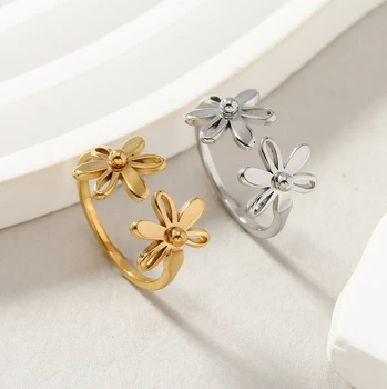 High Quality Adjustable Stainless Steel Ring 18K Gold Plated Double-Layer Flower Open Rings Fashion Women's ladies' Jewelry