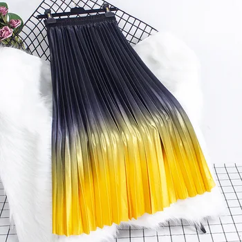 2022 New Fashion Gradient Colorful Women Skirt VD2621 Red Pink Blue Green Yellow Elastic Waist Pleated Long Skirts