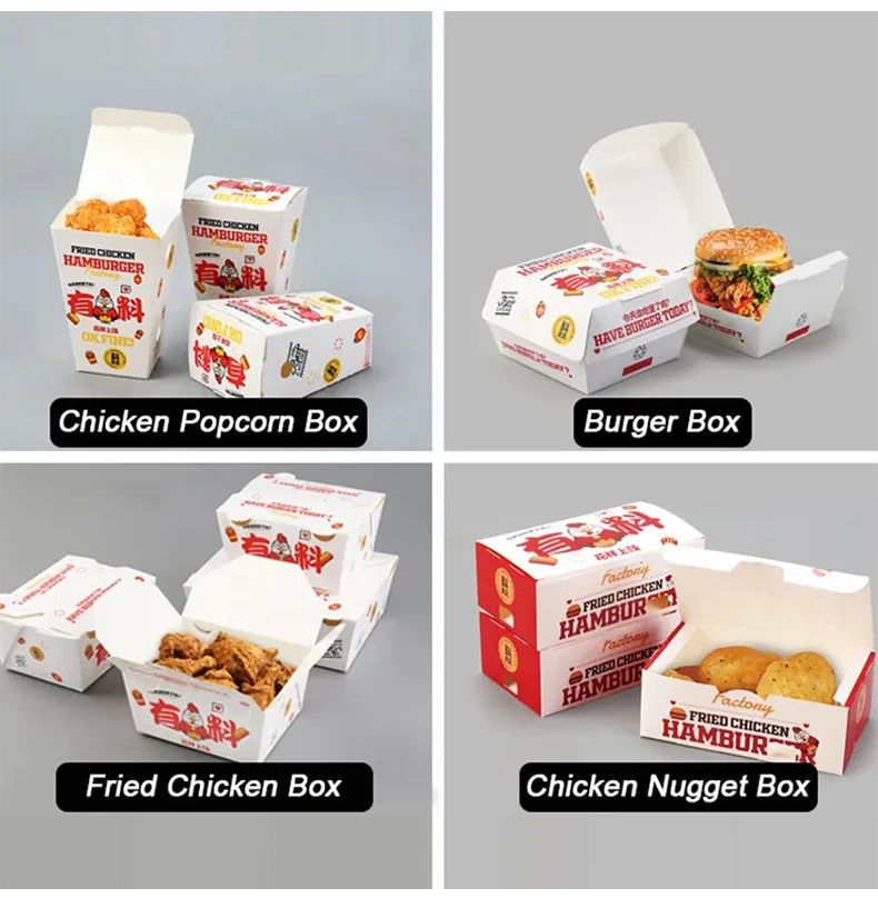 Custom printed fast food packaging boxes set series disposable takeaway french fries fried chicken burger box