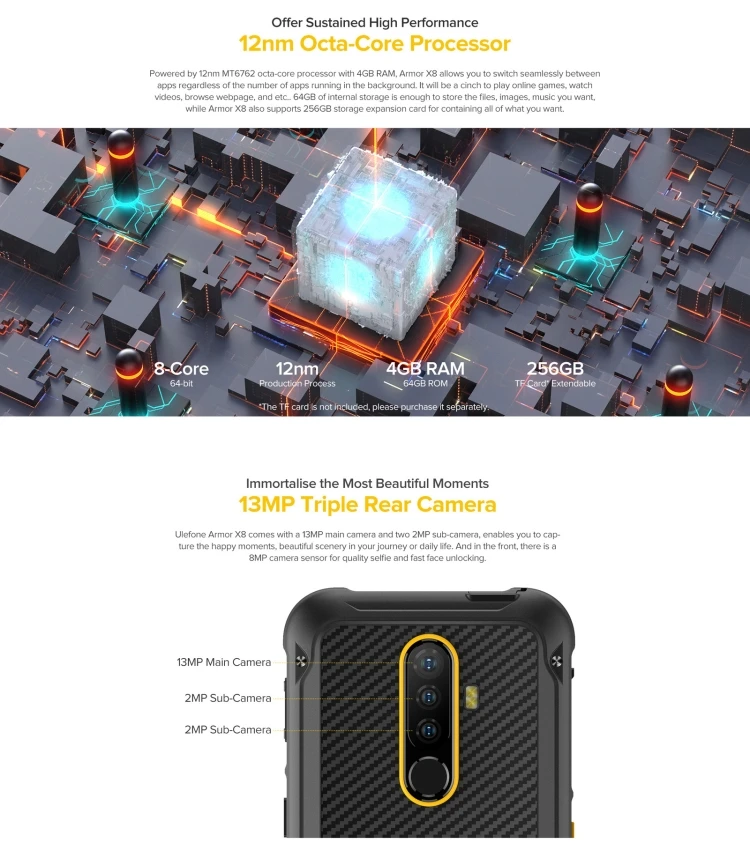 Ulefone Armor X8 2020 4G 4GB+64GB IP68 Waterproof Rugged Phone 5.7 inch 5080mAh Android 10