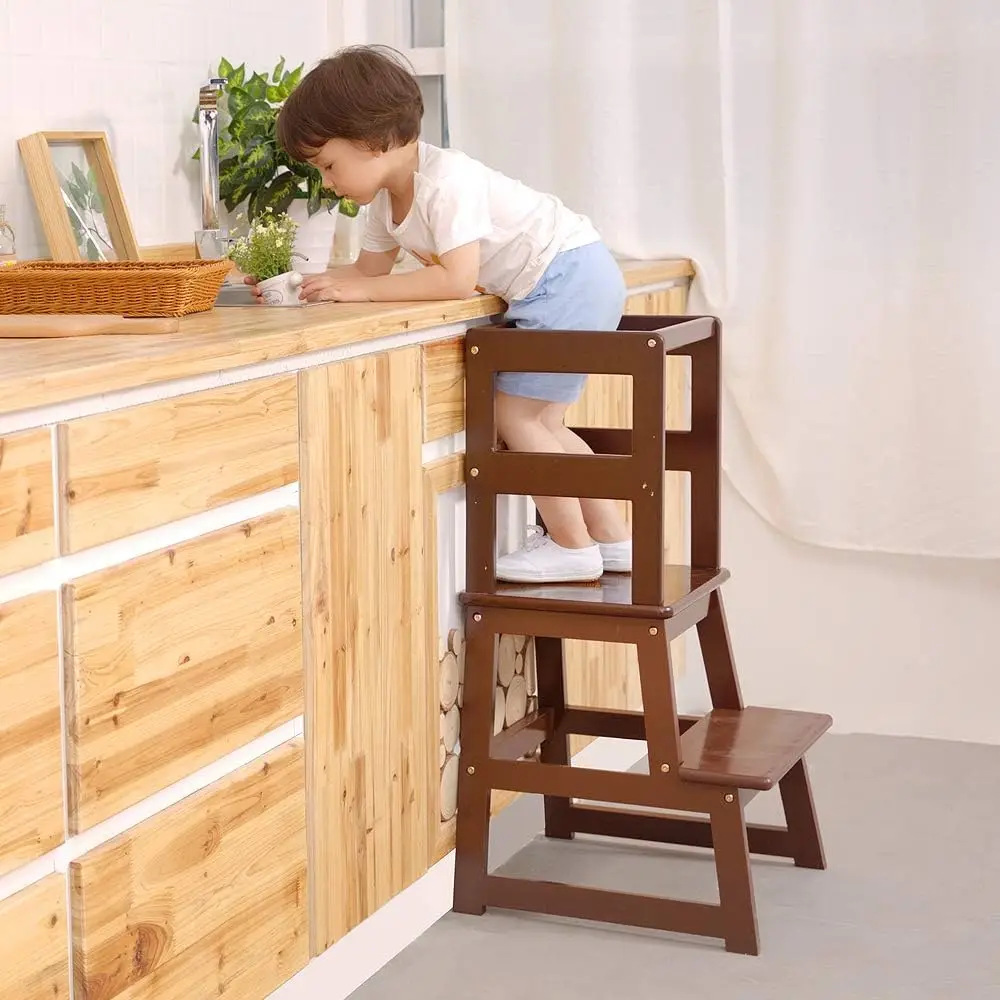 product modern bamboo wood toddler step stool adjustable height ottoman for kitchen use for kids at home-2