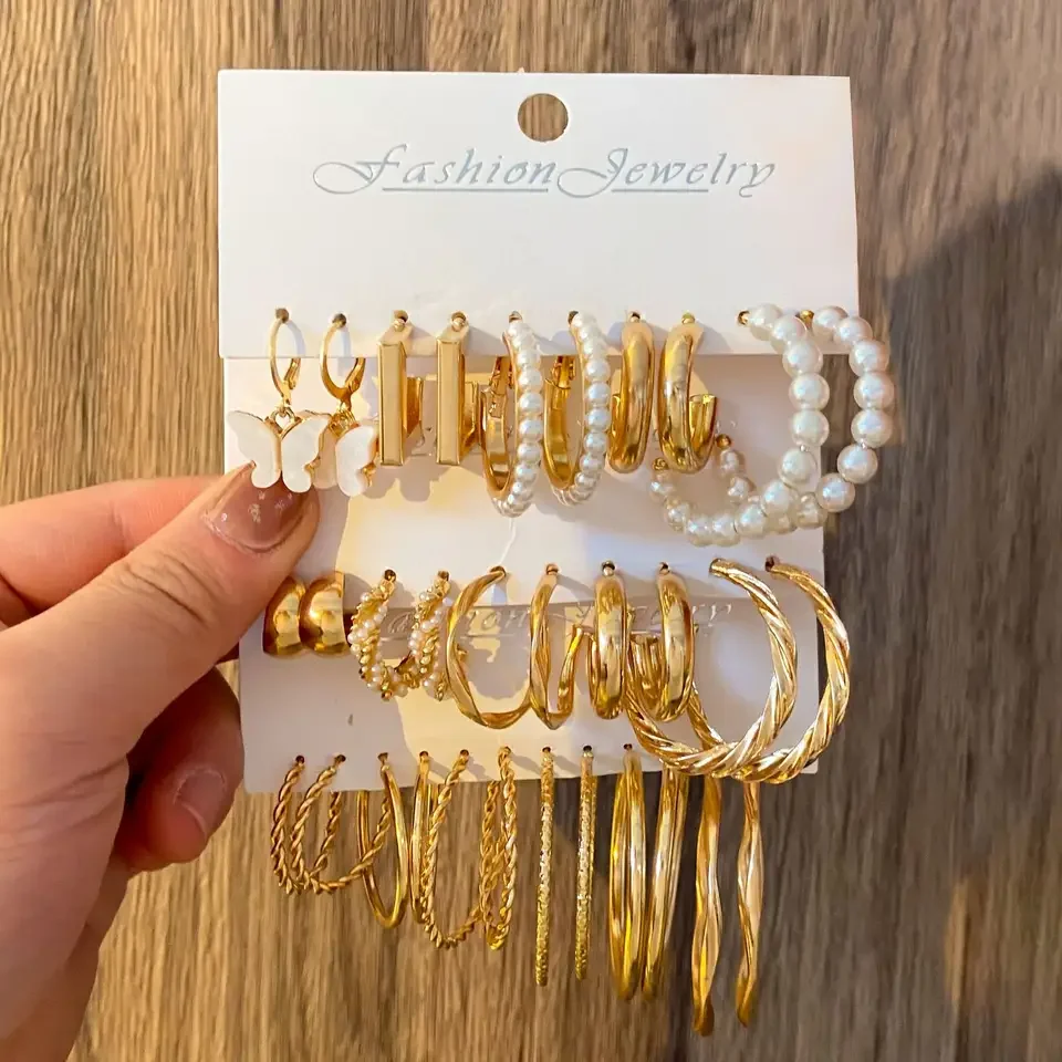 Custom 14K 18K Gold Plated Stainless Steel Women Butterfly Pearl Hoop Earrings Set Fashion Jewelry Clip on Stud Drop Earrings