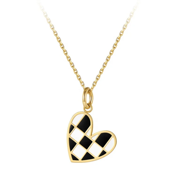 18K Gold Plated Stainless Steel Jewelry Black and White Epoxy Heart Pendant Accessories Necklaces P213278