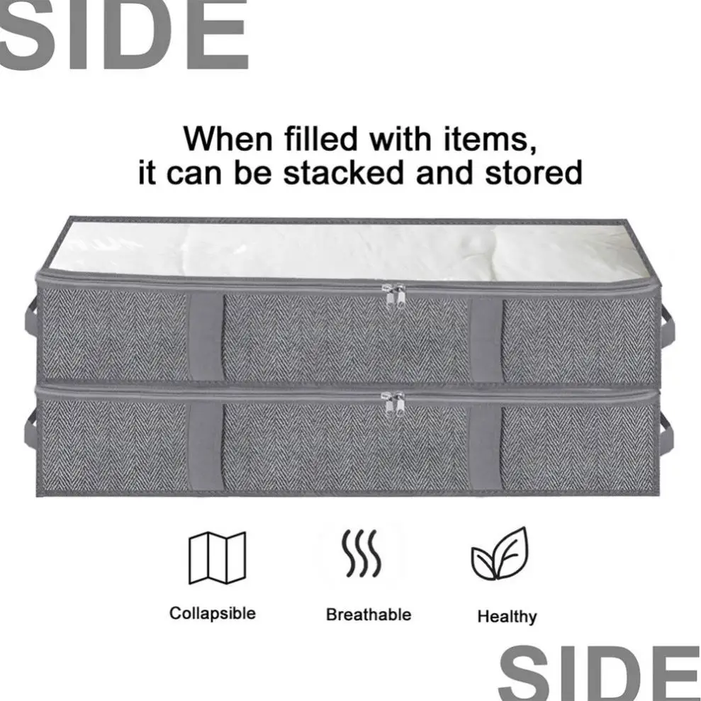 Thick Fabric Storage Bins with Clear Window and Reinforced Handles for Blanket Comforter Bedding Clothes