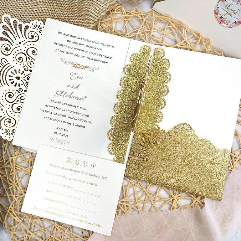 Personalized Laser Cut Wedding Invitation Card Kits with Hollow Lace Pocket 
