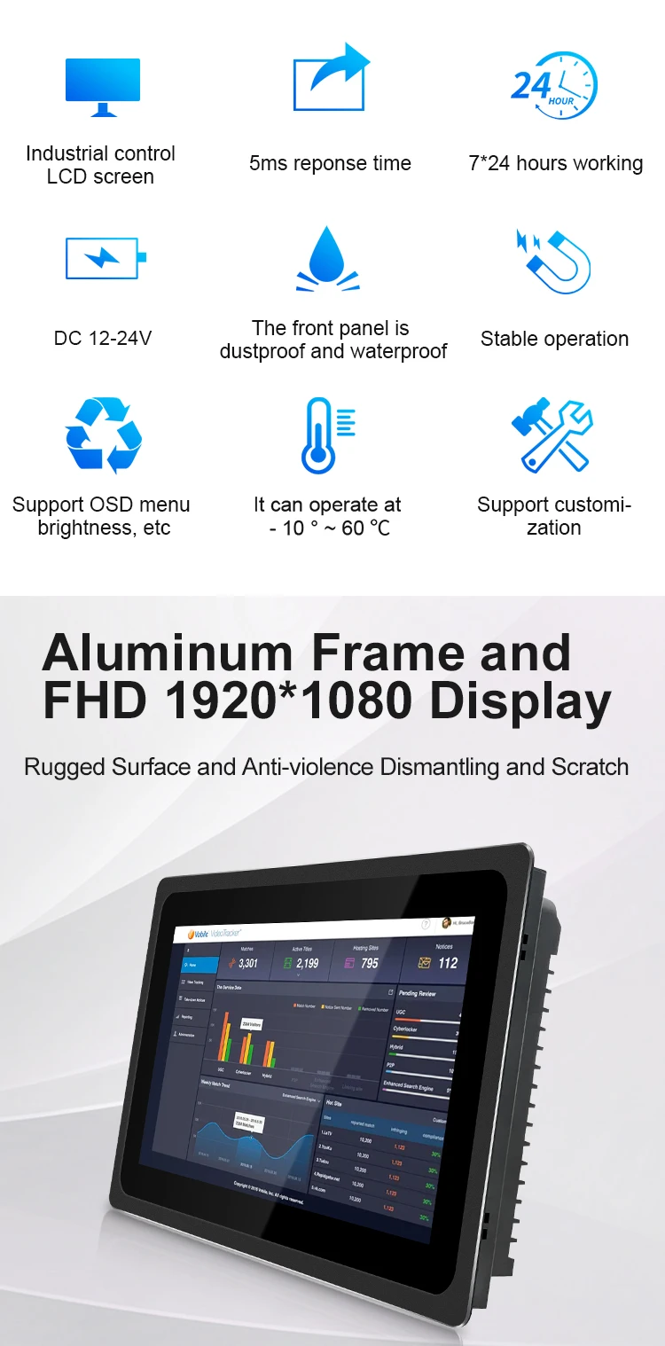 13.3 Inch Industrial Touchscreen VGA/USB/DVI Embedded True Flat Monitor IPS1920*1080 Capacitive Touch Screen Monitor