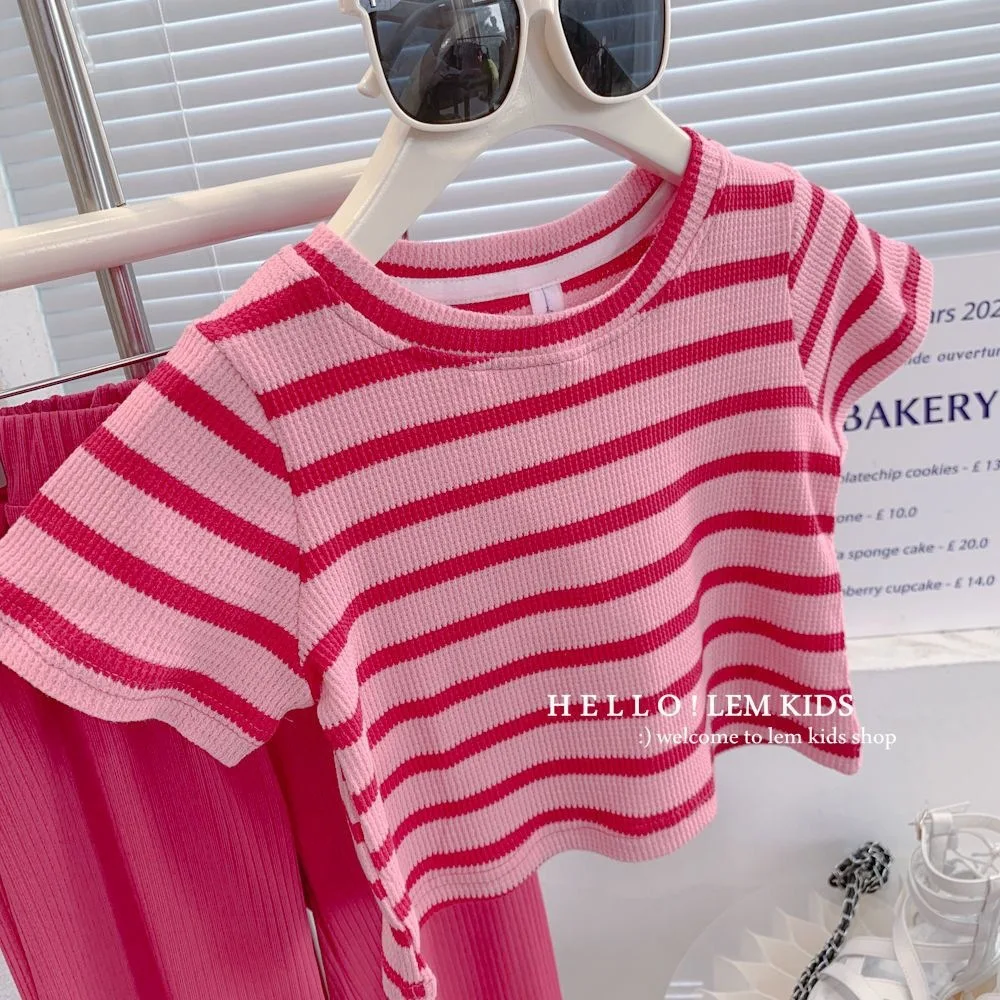 Girls Clothing Sets Summer New Trendy Pink Striped Top Wide-leg Pants Kids Clothing Luxury Polyester Pinstripe Baby Clothing Set