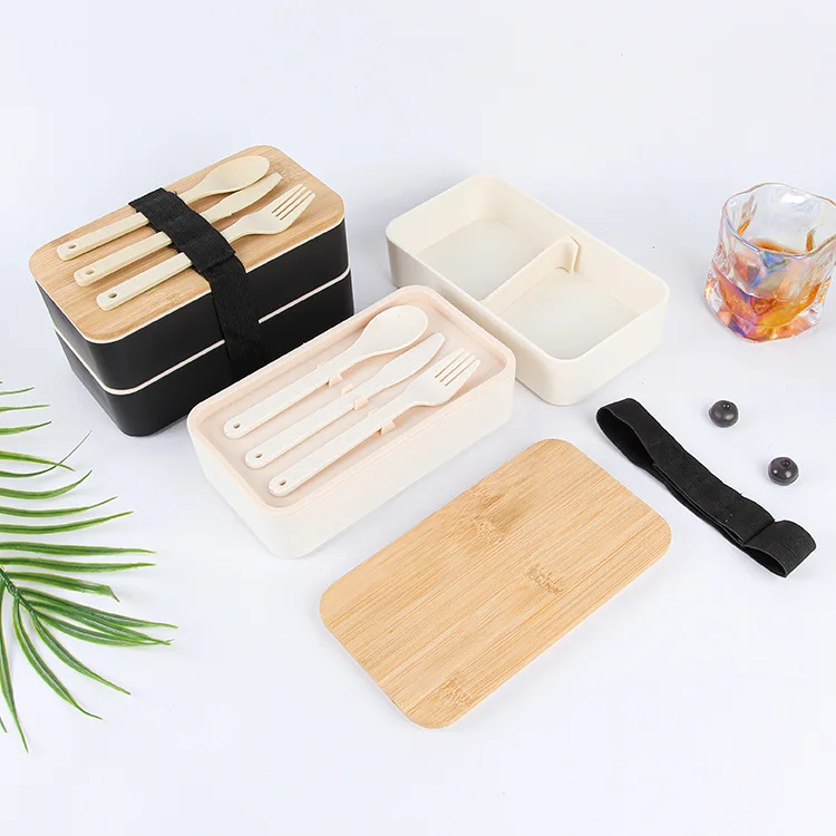 Wheat straw  Double-layer Japanese bento box Household compartments crisper box student lunch box