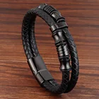 Row Bracelet Men's Double Row Black Braided Leather Bracelet Wristband Black Stainless Steel Jewelry