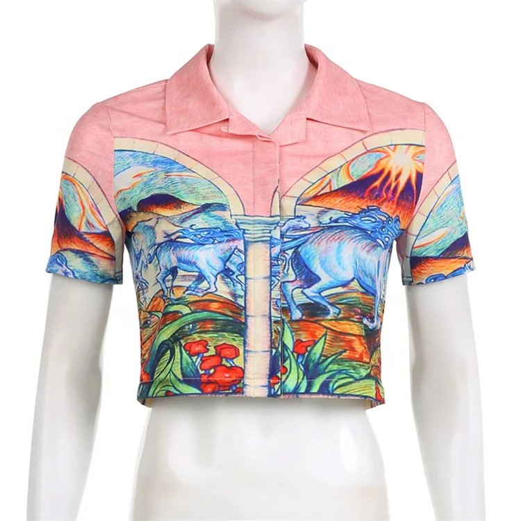 Summer Streetwear Print Crop Tops For Women 2023 Polo-neck Short Sleeve Pink Graphics Shirt Female