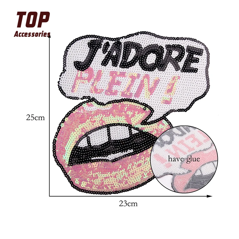 Factory Price Cartoon Letter Lips Iron on Sequin Patches for Clothing