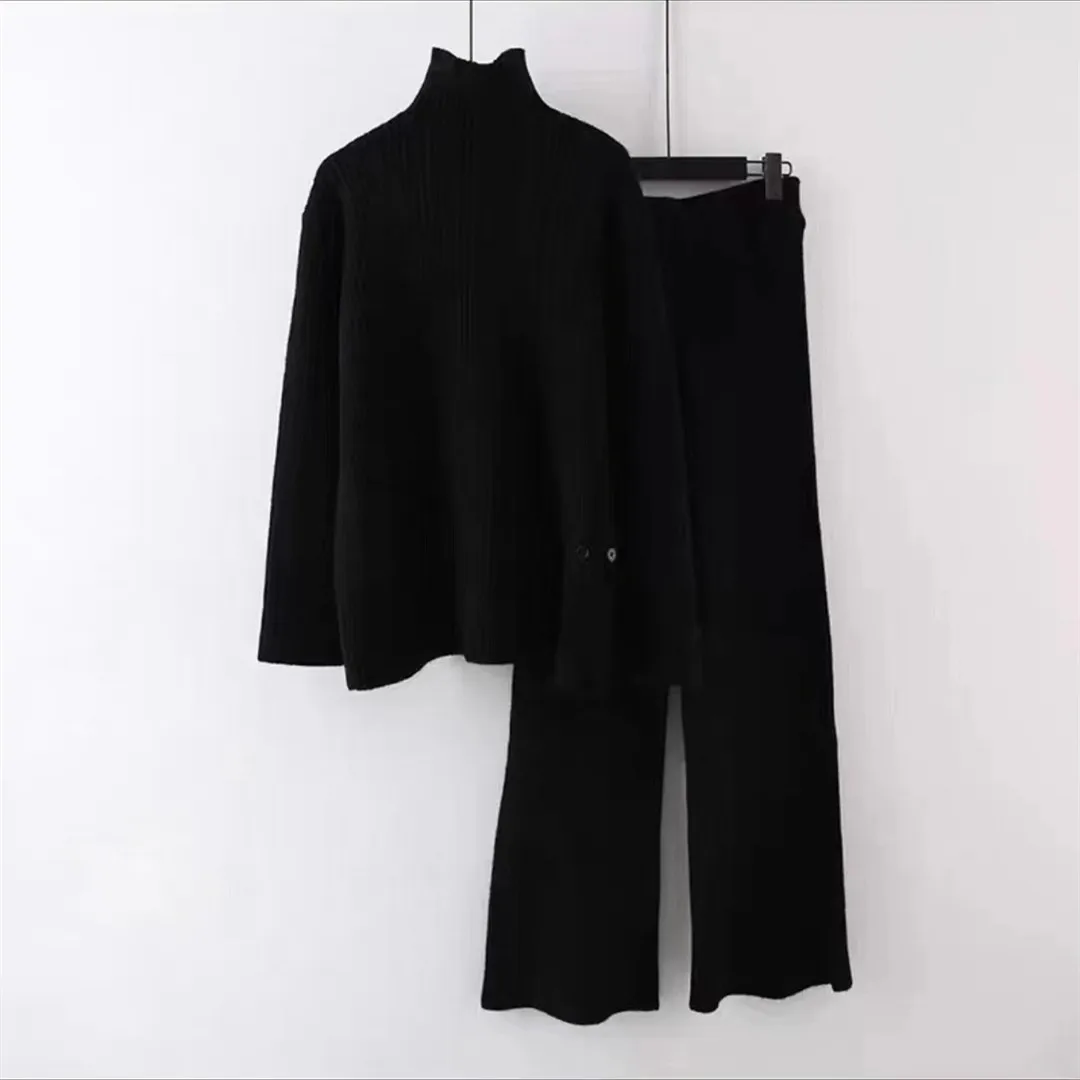 YingTang Half turtleneck pullover women's 2023 new loose autumn and winter French hem slit  wide leg pants two-piece suit