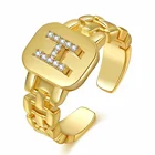 Ring 18K Gold Plated Brass Chain Link CZ Alphabet Letters Women Girls Resizable Ring