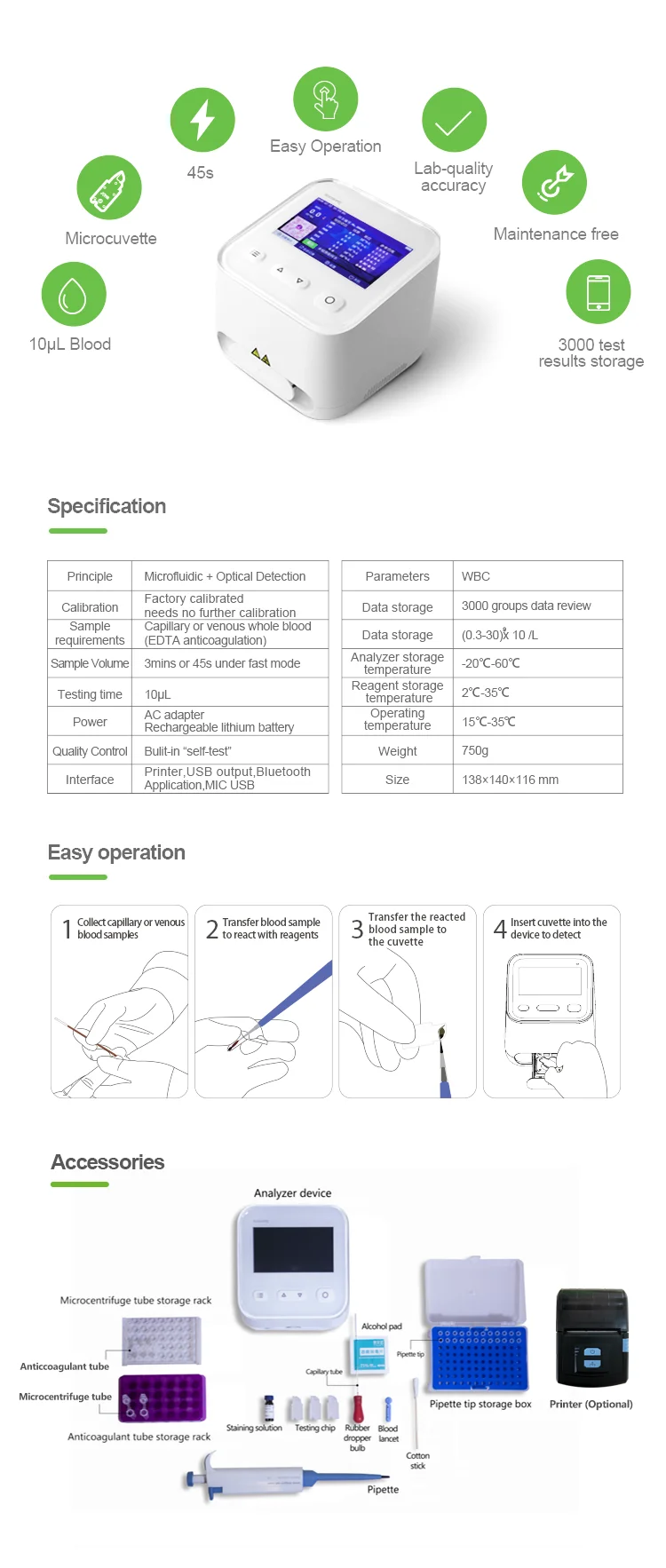 Portable Easy to Use WBC White Blood Cells Analyzer for Small Clinics details
