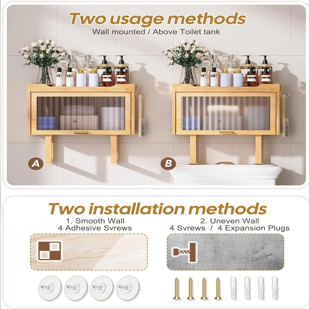 product bamboo wall mounted toilet storage cabinet space saving bathroom storage rack with lid and 2 hooks no drilling design-12