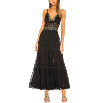 Evening Black Lace Formal dress Long Elegant Party Dress Vintage Prom Gowns high waist sleeveless party dress