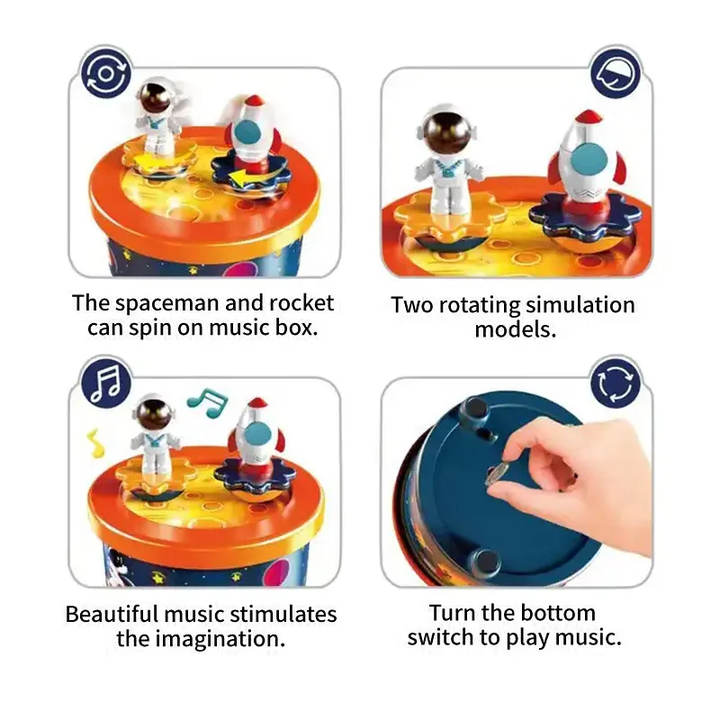 EPT Hot Selling High Quality Kids Rotating Space Astronaut Rocket Baby Battery Wind-up Music Box Musical Toys