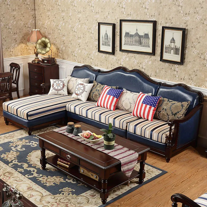 American Antique Roman Column L-Shaped Living Room Solid Wood Leather Fabric Furniture Sofa Living Room Sofa Set L Shape Sofa