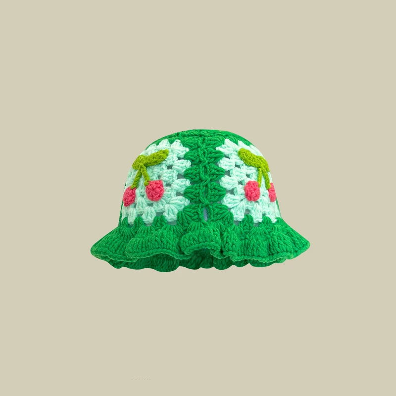 Custom Logo Patch Handmade Hollow Floral Flower Thick Warm Women Wool Crochet Beanie Hats