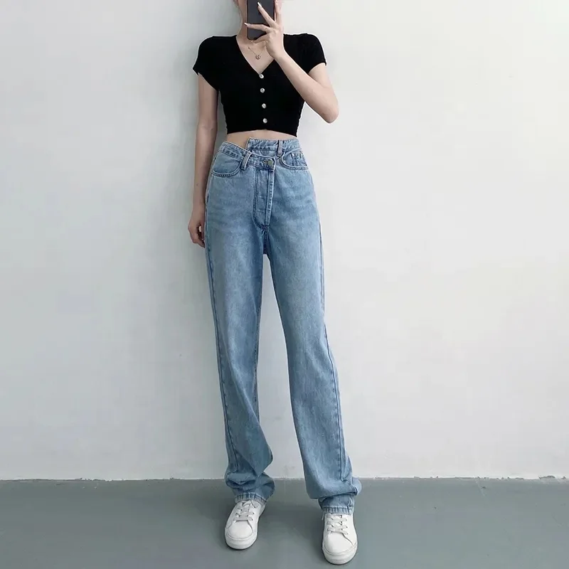 High Quality Women's Jeans Women Casual Plain High Waist Straight Jeans Ladies Denim Loose Trousers Pants Supplier From BD